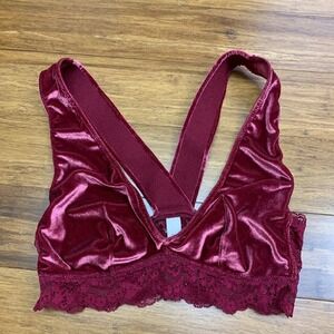 Auden Velvet Bralette Womens XS Red Lace Trim Cross Back Burgundy Wireless Sexy‎